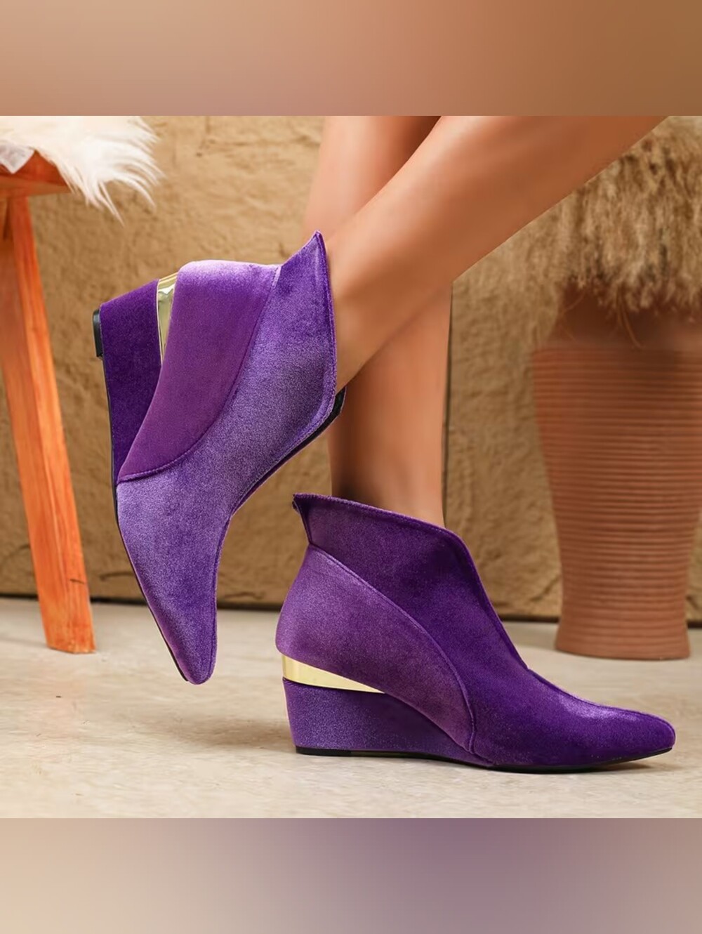 Chic Purple & Gold Suede Wedge Booties